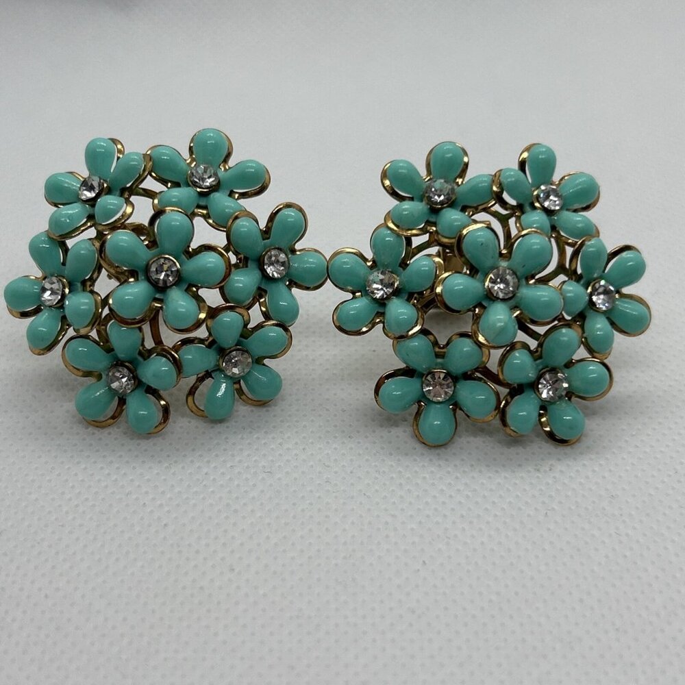 Vintage 50-60s Floral Cluster Clip On Earrings with Clear Rhinestones Turquoise
